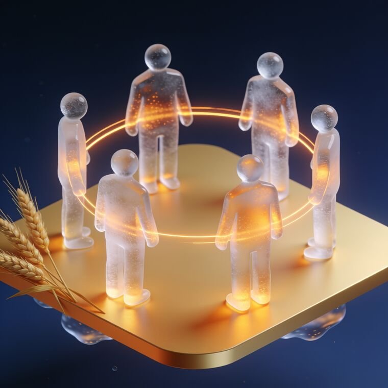 Glass figures standing in a ring joined by a circle of warm light