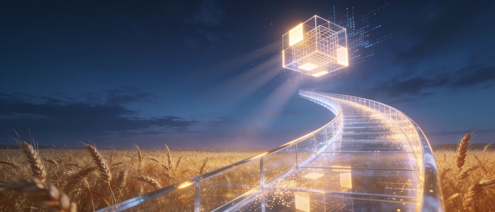 A glowing glass walkway rising out of a golden wheat field toward a structure of light