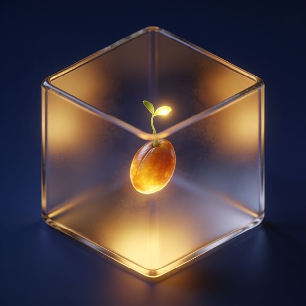 A glowing seed sprouting inside a glass cube