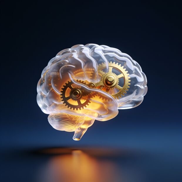 A glass brain with brass gears turning inside it