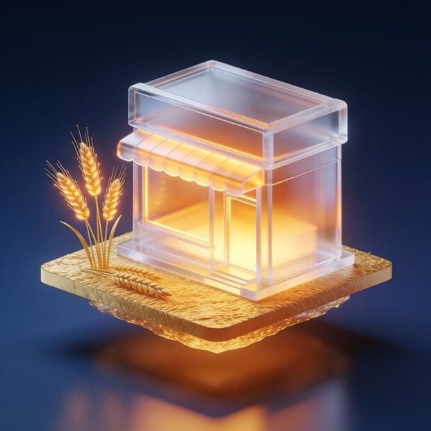 A glowing glass storefront on a golden platform beside wheat
